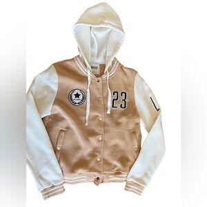 Miss Selfie Fleece Graphic Hooded Baseball Jacket Brown Size Medium